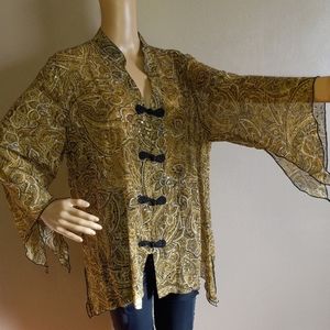 Gloria Lance woman vtg 80s semi sheer golden polyester blouse, sz 2X-3X up